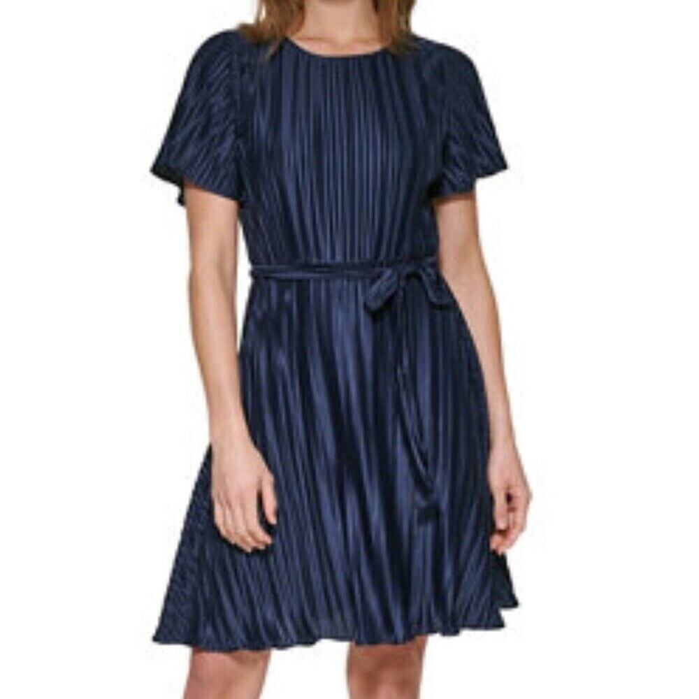 DKNY Navy Pleated Dress Blouson Sz 2 Tie Waist Flutter Sleeve Coquette Retro